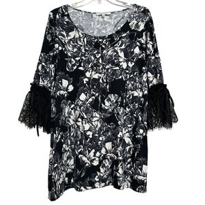 Rose & Olive Ivory Black Dark Floral Tunic 1X Lace Sleeves Whimsigoth Fairycore